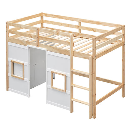 Harper & Bright Designs Twin Size Loft Bed with Storage Wardrobe, Playhouse Design, Guardrail & Ladder in Natural & White - WoodArtSupply