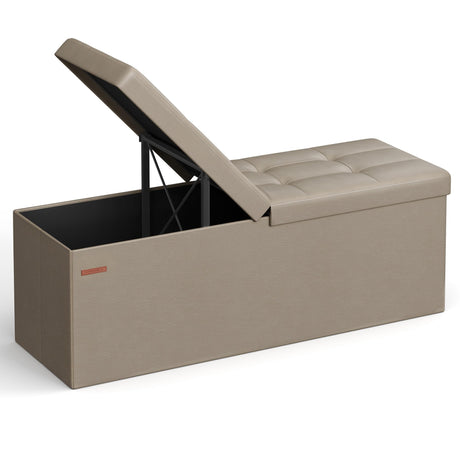 SONGMICS MAZIE Collection - 43 Inches Storage Ottoman Bench with Flipping Lid, Storage Chest with Iron Frame Support, Load 660 lb, for Living Room, Bedroom, Synthetic Leather, Camel Brown ULSF075K03 SONGMICS