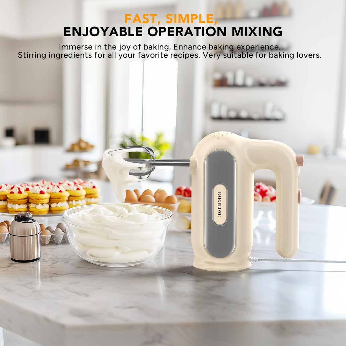 Hand Mixer Electric, 5-Speed Small Handheld Mixer, 2* (304 Dough Hooks & 304 Whisks) Food Mixer, Kitchen Mixer for Baking, Cream, Cookies, Dishwasher Safe BAIGELONG