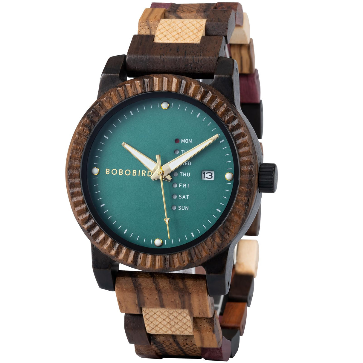 BOBO BIRD Mens Wooden Watch Analog Quartz with Week Display Lightweight Handmade Wood Wrist Watch for Men (Green) BOBO BIRD