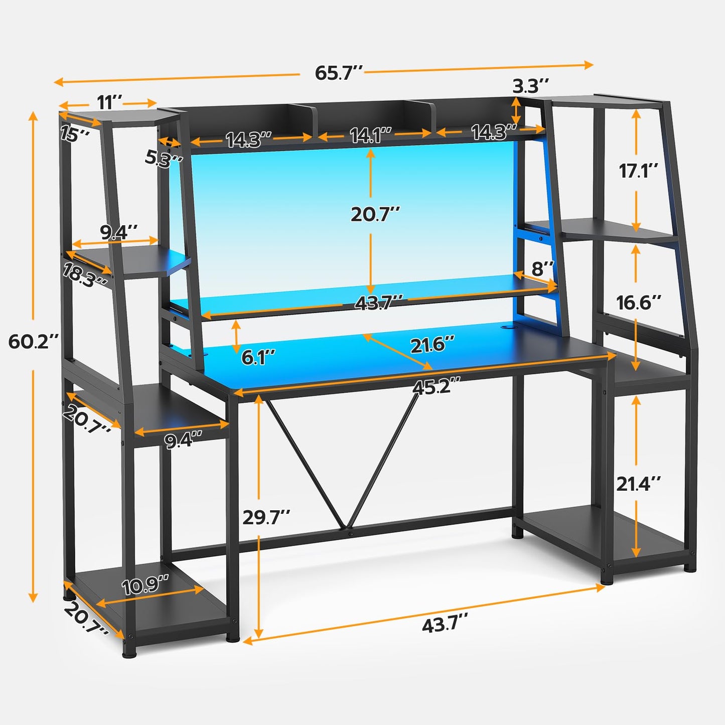 SEDETA Gaming Desk 65.7'' with LED Lights, Hutch and Storage Shelves, Computer Desk with Monitor Stand, Large PC Gamer Desk Workstation, Ergonomic Gaming Table for Bedroom, Living Room, Black