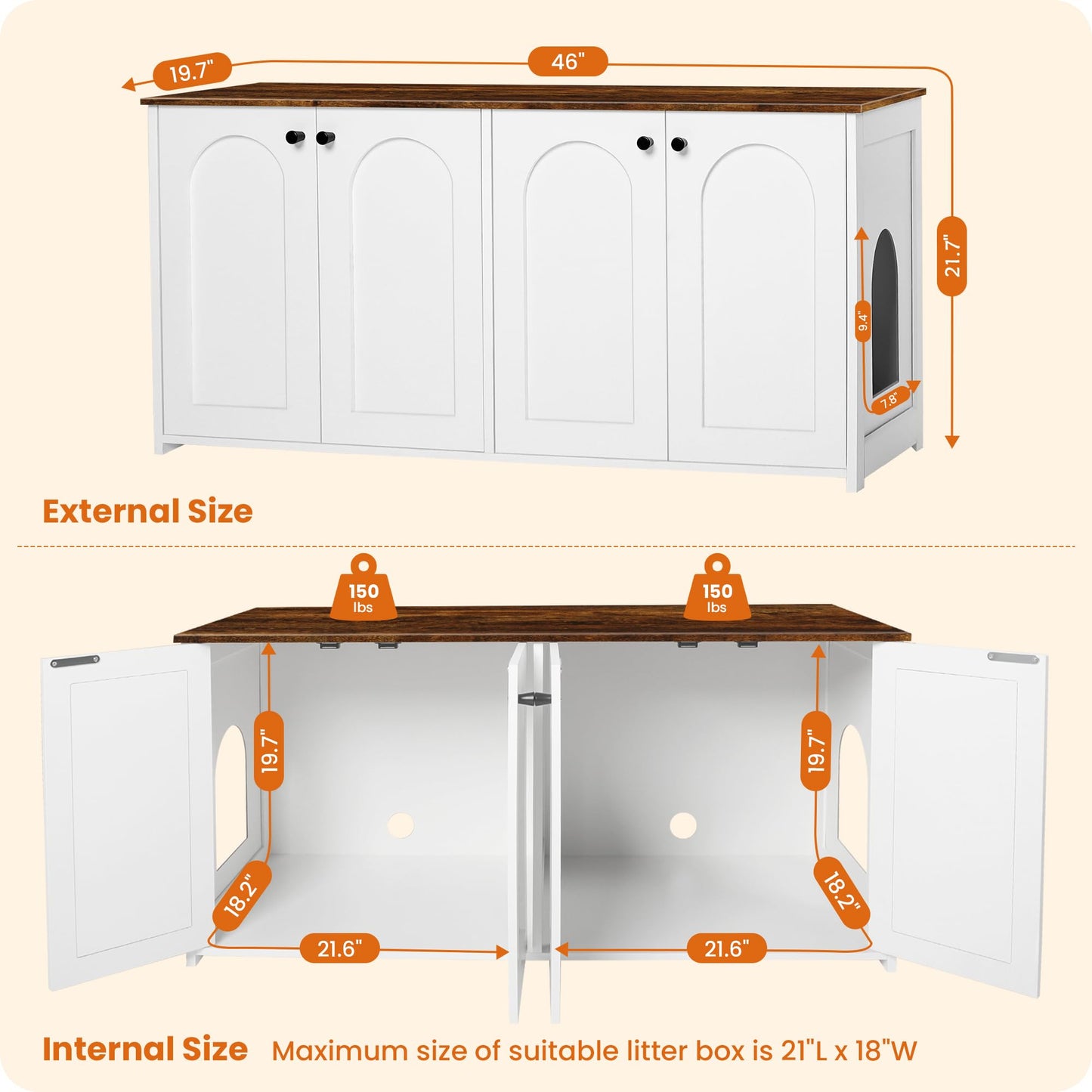 Dwanton Litter Box Enclosure for 2 Cats, Cat Litter Box Furniture Hidden with Double Rooms, Dual Cat Litter House, Large Wooden Cat House Indoor, TV Stand, Fit Most of Litter Box, White+Rustic Brown