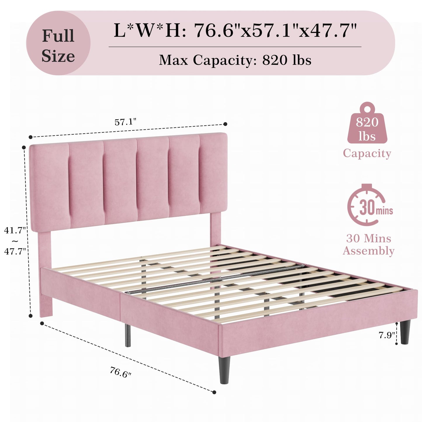 VECELO Full Bed Frame with Upholstered Headboard, Heavy-Duty Platform Bedframe with Strong Wooden Slats Support, No Boxing Spring Needed, Pink