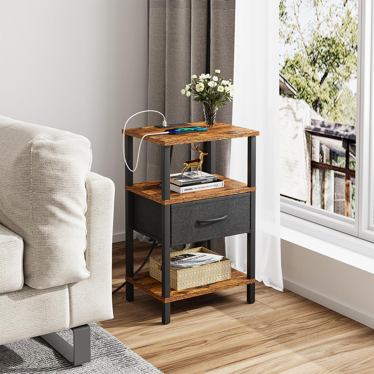 VIMBER Nightstand Set of 2, Adjustable LED Side Table with Charging Station and Fabric Drawer,Beside Table with Open Compartment for Living Room, Easy Assemble, 3 Tier End Table for Bedroom, Brown VIMBER