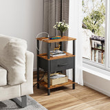 VIMBER Nightstand Set of 2, Adjustable LED Side Table with Charging Station and Fabric Drawer,Beside Table with Open Compartment for Living Room, Easy Assemble, 3 Tier End Table for Bedroom, Brown VIMBER