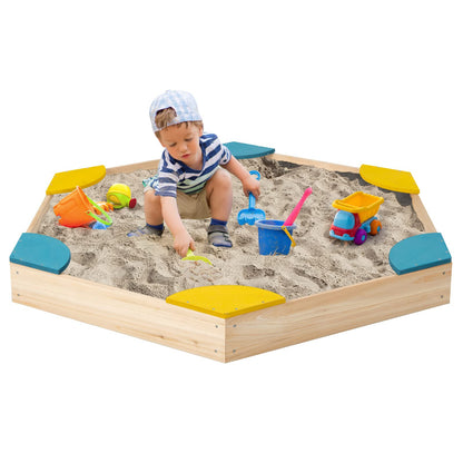 Costzon Kids Sandbox, Hexagon Large Cedar Wood Sand Pit w/ 6 Built-in Corner Seating, Wooden Sand Box for Backyard Lawn Garden Beach, Outdoor Play Furniture for Children Ages 3+ (Natural)