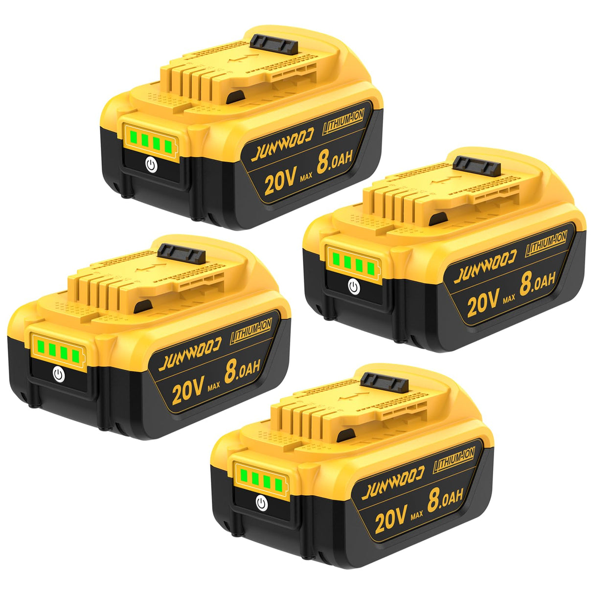 JUNWOOD 4Pack 8.0Ah Replacement for Dewalt 20V Battery Lithium Max XR Cordless Tools DCB180 DCB205 DCB206 DCB206-2 DCB200 DCB204 DCB204BT-2 DCB203 DCB201 DCB207 JUNWOOD
