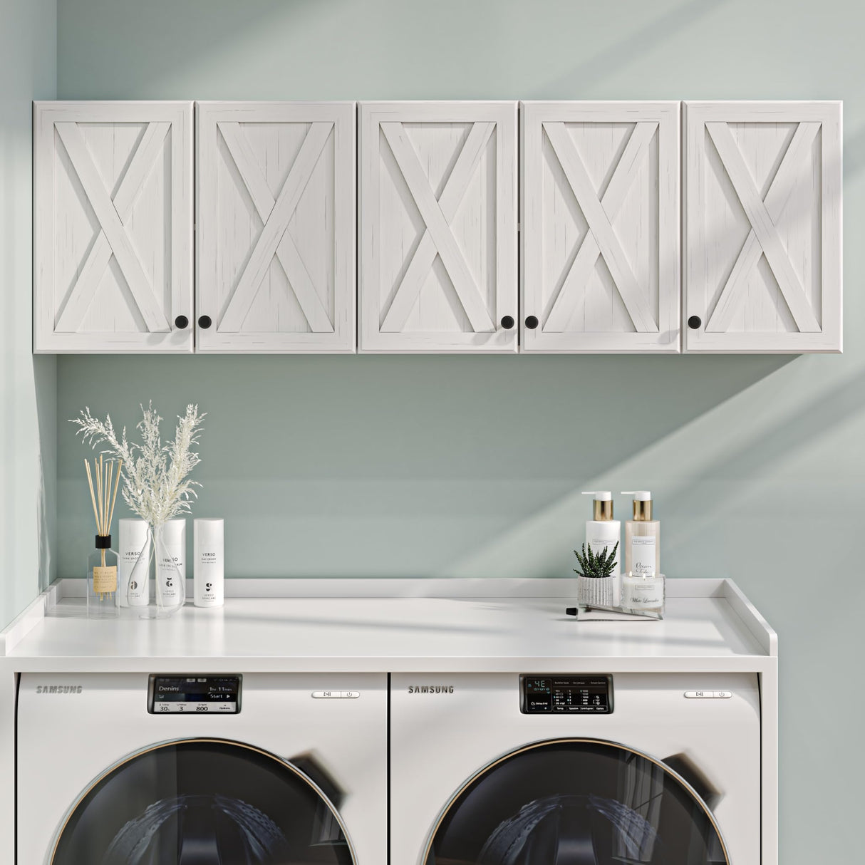 FIMELLO 59’’ Wall Cabinets for Laundry Room, Farmhouse Kitchen Wall Cabinet with Barn Door Laundry Room Cabinets with Adjustable Shelf Wall Mounted Cabinet for Laundry, White FIMELLO