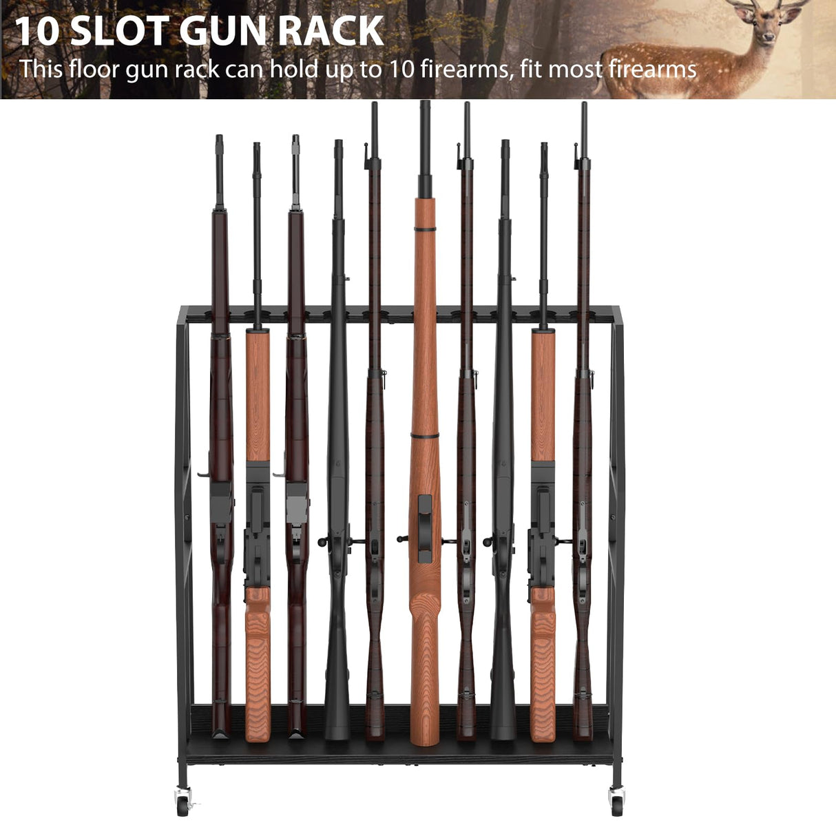 Gun Racks, Floor Standing Shotgun Rack Indoor Outdoor, Heavy Duty Metal Frame Wooden Rifle Racks with Wheels, Vertical Display Stand for Home Garage Gun Storage - Holds up to 10 Long Guns Nandae