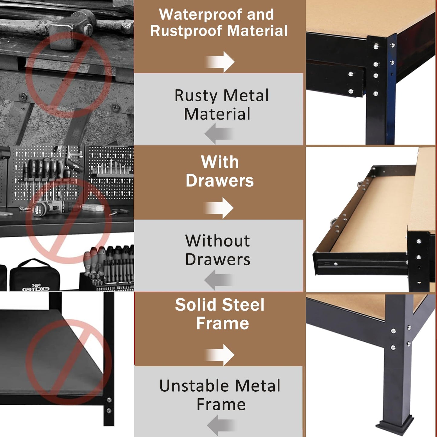 SPOWAY 63'' Garage Workbench, 300 Lbs Load Capacity Heavy Duty Work Bench, Workbench with Pegboard Drawer Backplate Metal Frame Wood Top Workbench for Workshop Office Home Garage - WoodArtSupply