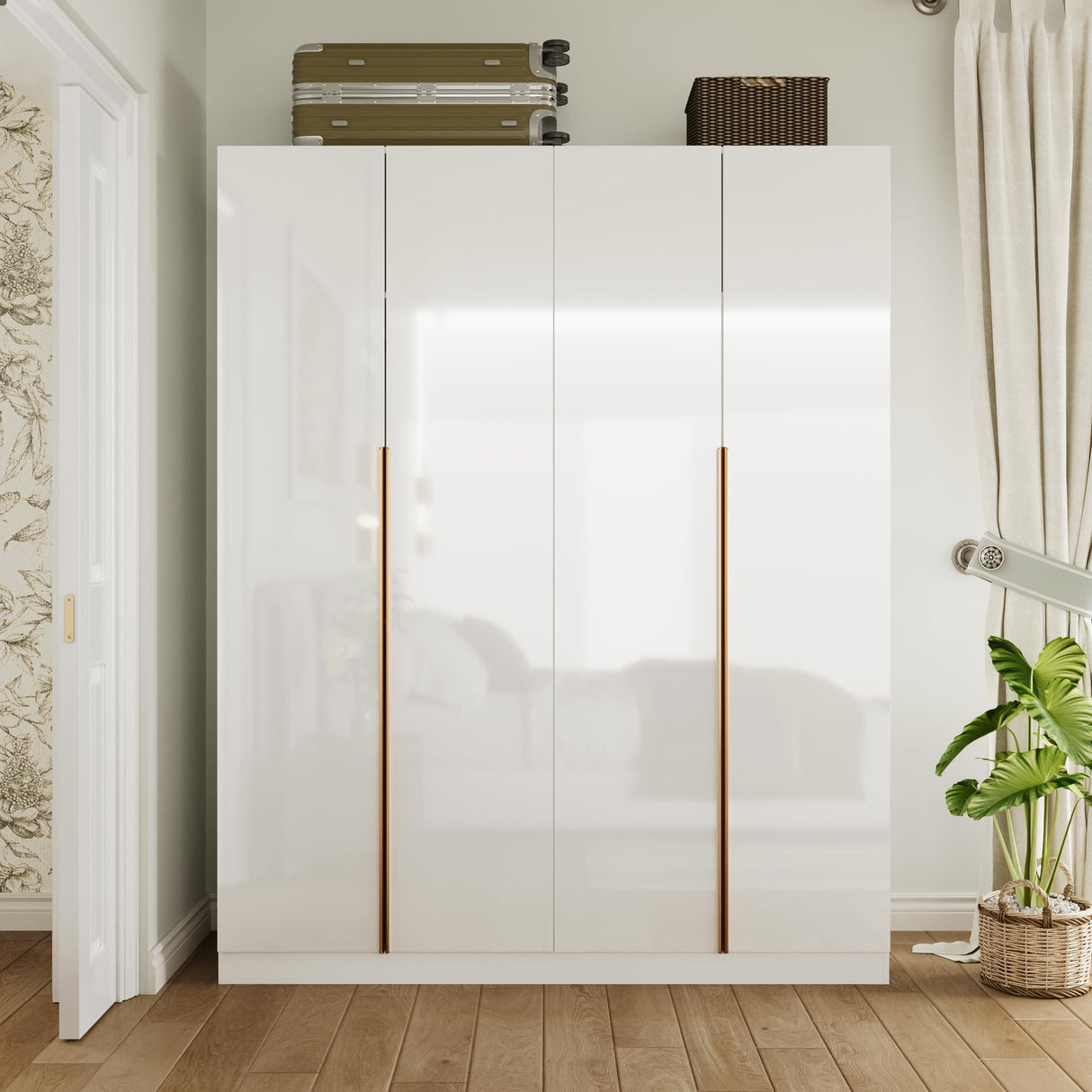 Homsee 63" W Wardrobe Closet Armoire with 4 Glossy Doors, Wooden Bedroom Clothing Storage Cabinet with 3 Hanging Rods & 10 Storage Compartments, White Homsee