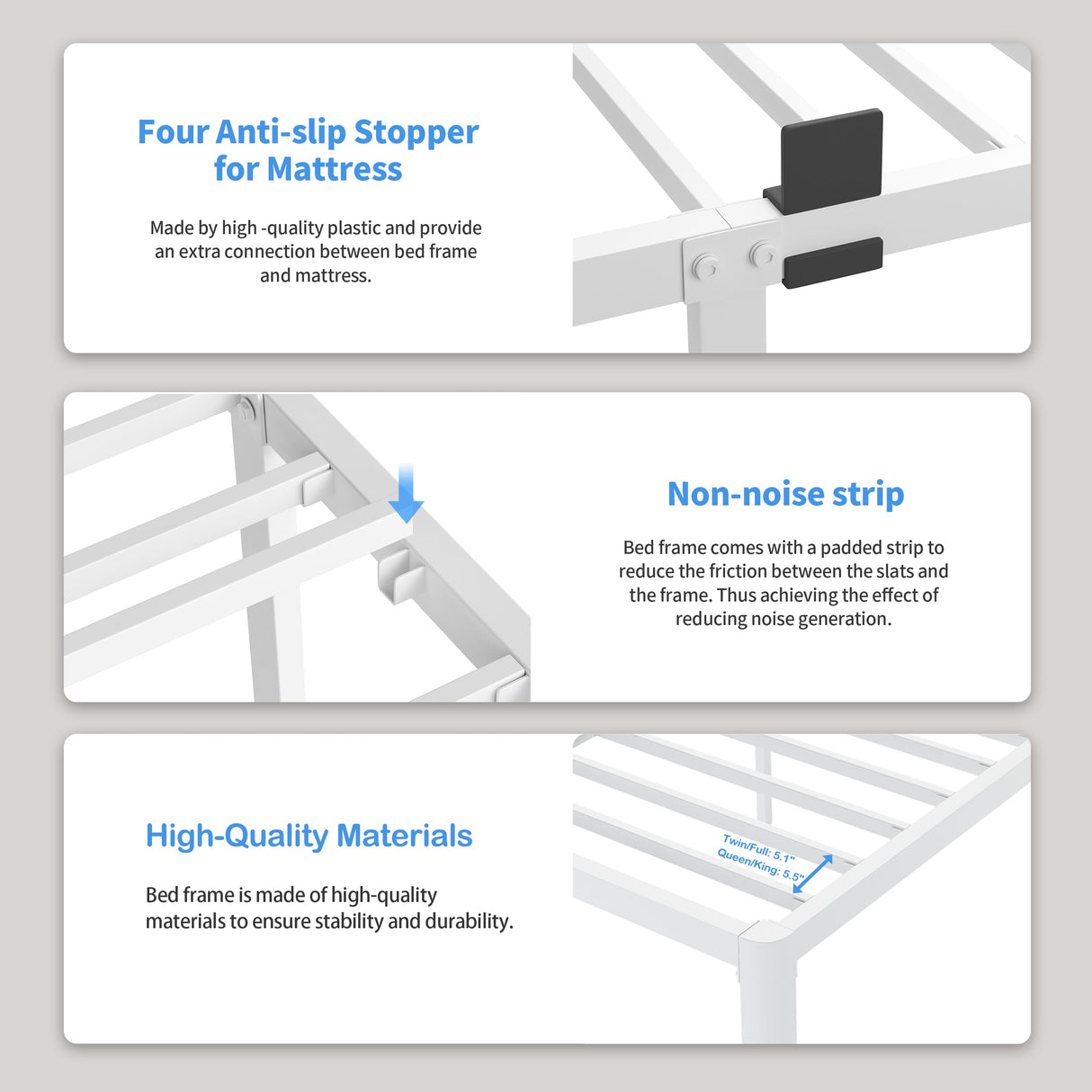 ROIL 14 Inch White Queen Bed Frame with Rounded Corner and Headboard Hole Mattress Retainers 3500LBS Heavy Duty Steel Slats No Box Spring Needed Platform Noise-Free Easy Assembly ROIL