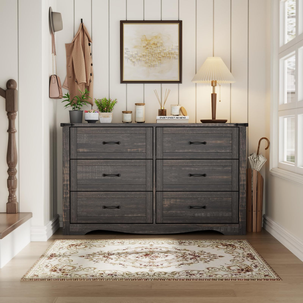 Farmhouse 6 Drawer Dresser for Bedroom, Wood Dresser Chest of Drawers, Wide Dressers Organizer with Metal Handles, Natural Texture Storage Cabinet for Closet, Living Room, Hallway (Dark Rustic Oak) Gyfimoie