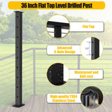 HEIDIBEAR Cable Railing Post, Flat Top Level Drilled Post Black Stainless Steel Deck Post 36’’x2’’x2’’-9Holes with Protector Sleeve Cable Railing System Wood Concrete Level Deck, PF01-L HEIDIBEAR