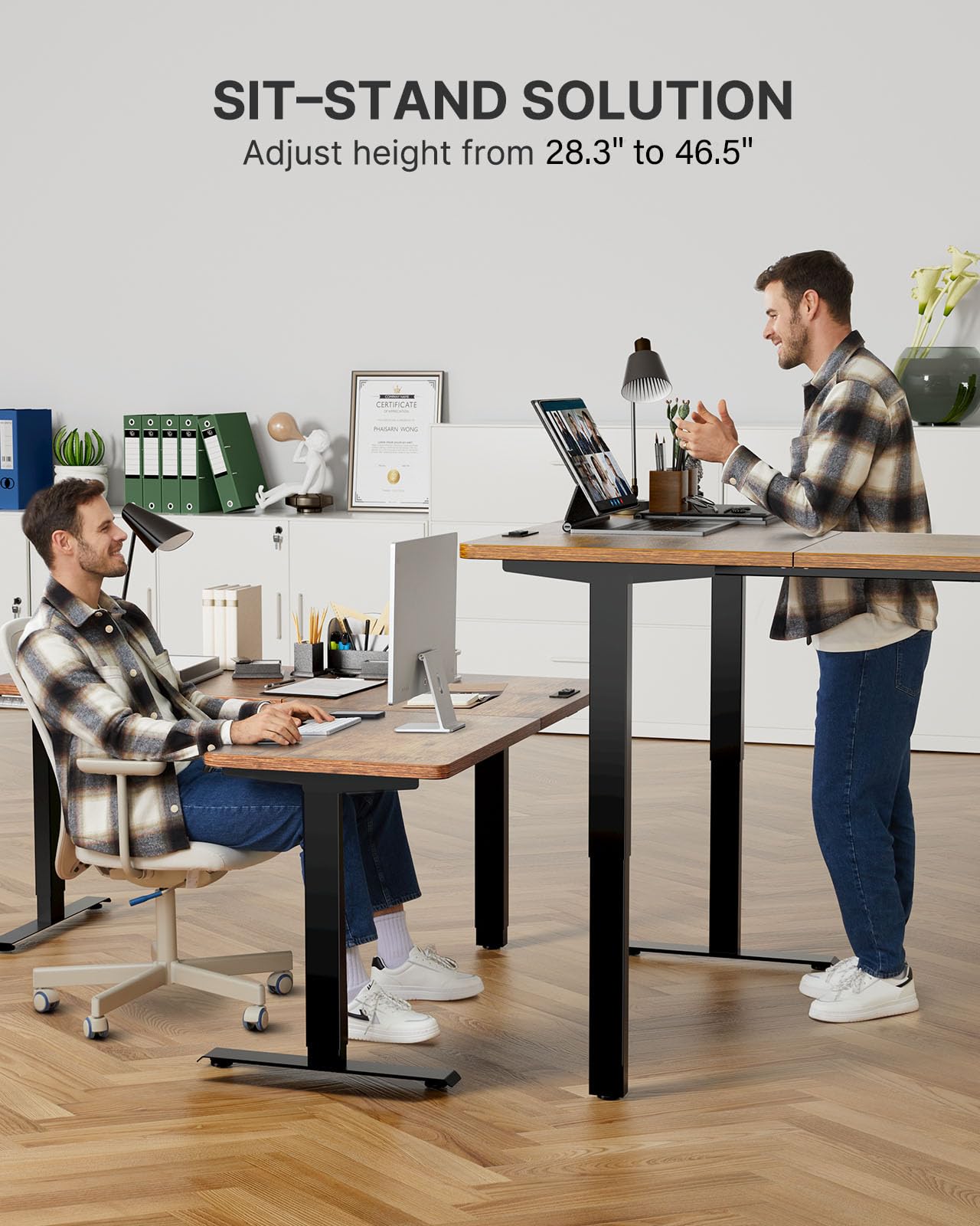 Marsail Standing Desk Adjustable Height with 4-in 1 Electical Outlet, L Shaped Electric Standing Desk (63x55 inch, Rustic) - WoodArtSupply