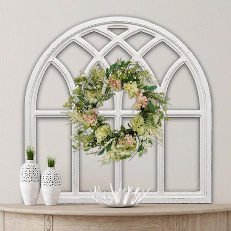 Sintosin Farmhouse White Arched Window Frame Decor 32 Inch, Hanging Distressed Wooden Rustic Window Frames for Wall Decor, Window Pane Wall Decor for Living Room Christmas Halloween Sintosin