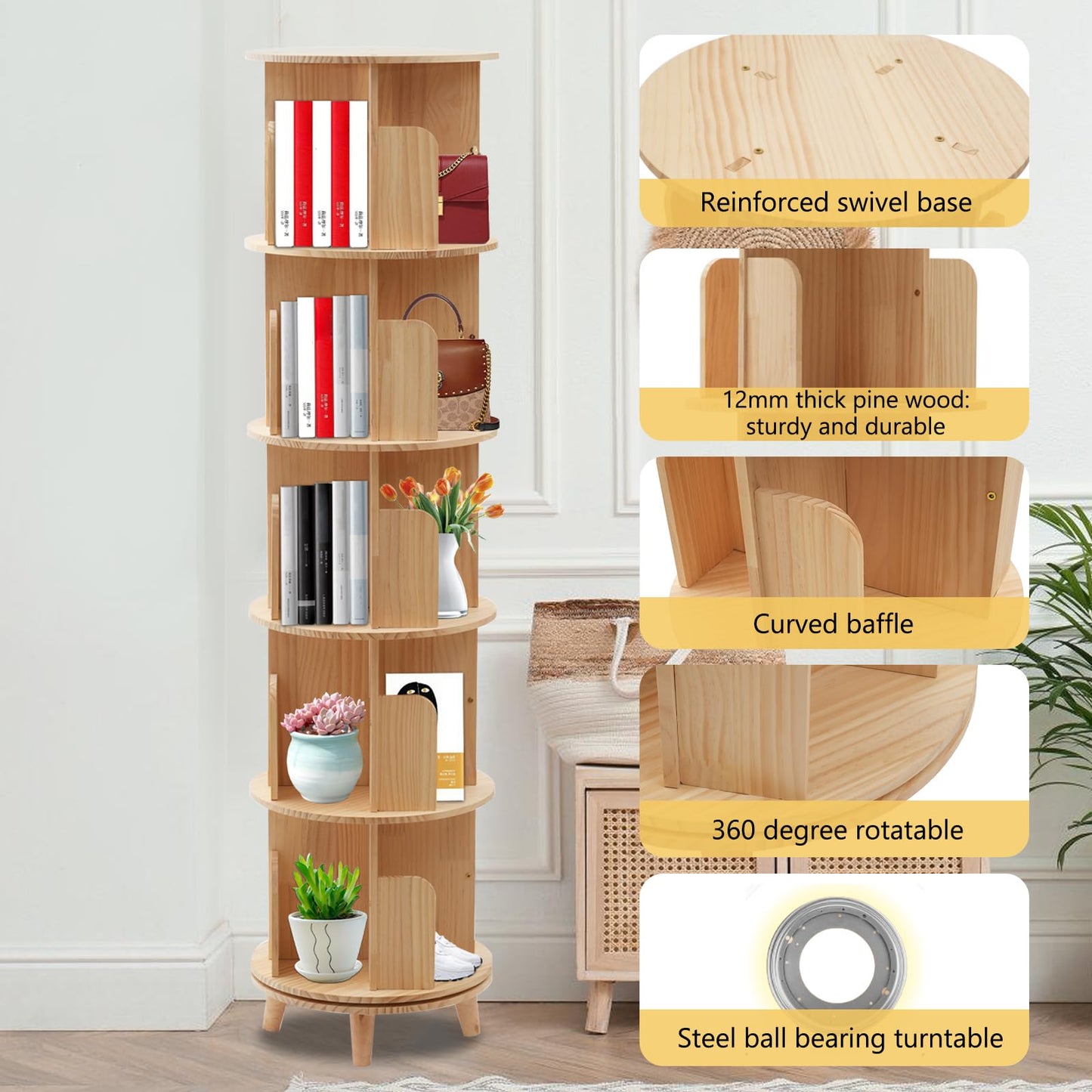 LyeXD 5-Tier Rotating Wooden Bookshelf - Multi-Functional Floor Stand Storage Rack - WoodArtSupply