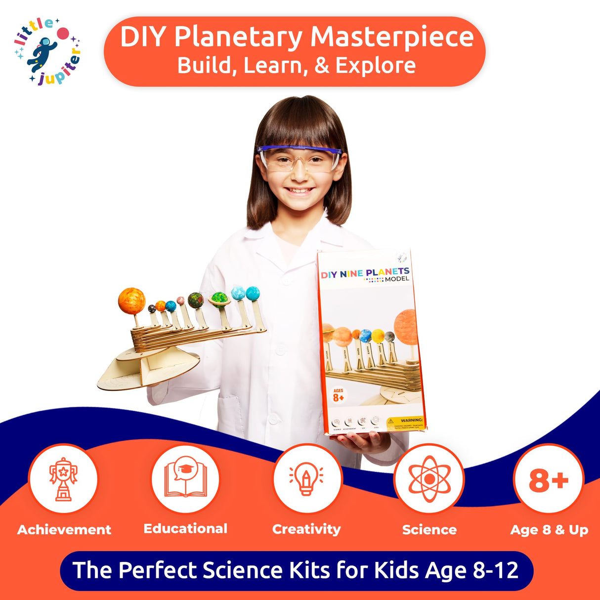 Nine Planets DIY Solar System Model for Kids - Complete Solar System Kit for Kids 8+ Years Old - Includes Wood Model & Puzzle with Fact Cards - Science Kits for 8-12 Years Old Little Jupiter