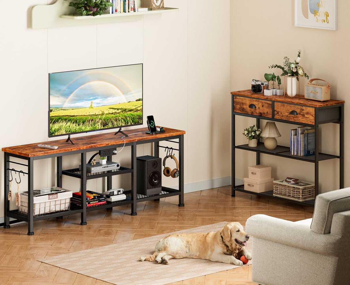 Furologee TV Stand with Power Outlets, Entertainment Center with Open Storage Shelves for TVs up to 55 Inch, TV Media Console Table with Soundbar Shelf for Living Room, Bedroom, Rustic Brown Furologee