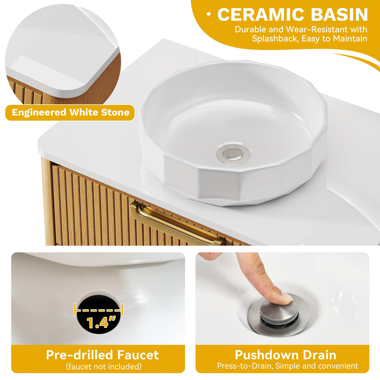 YITAHOME 30 Inch Floating Bathroom Vanity with Sink, Wall-Mounted Vanity with Engineered White Stone Top, 2 Large Storage Drawers with Faceted Ceramic Basin, Wood Grain Texture, Light Walnut YITAHOME