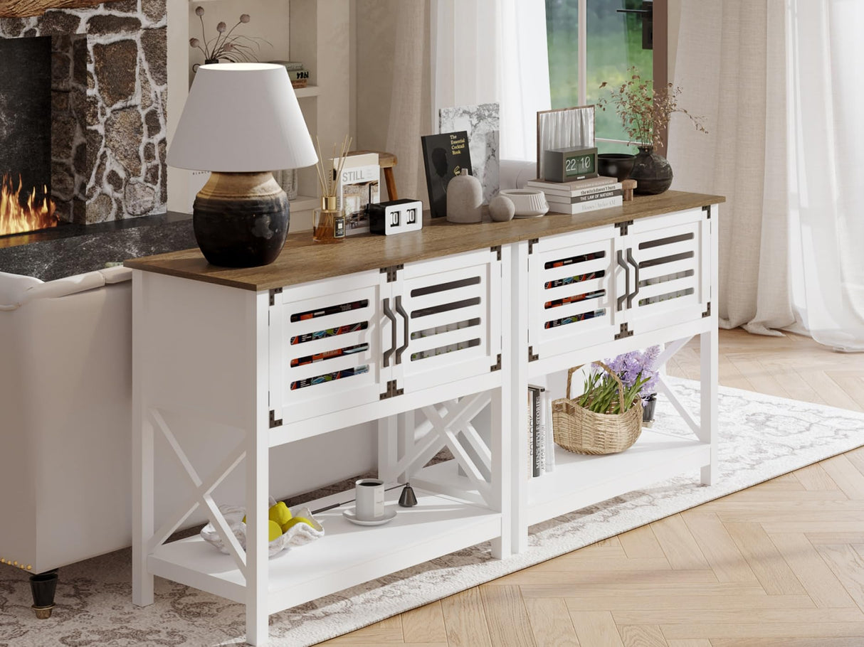 ChooChoo Farmhouse Console Table with Charging Station, 35.4 L x 17.7 D x 31.49 H Coffee Bar Cabinet with Storage, Sideboard Buffet Cabinet with Doors for Kitchen, Living Room, White ChooChoo