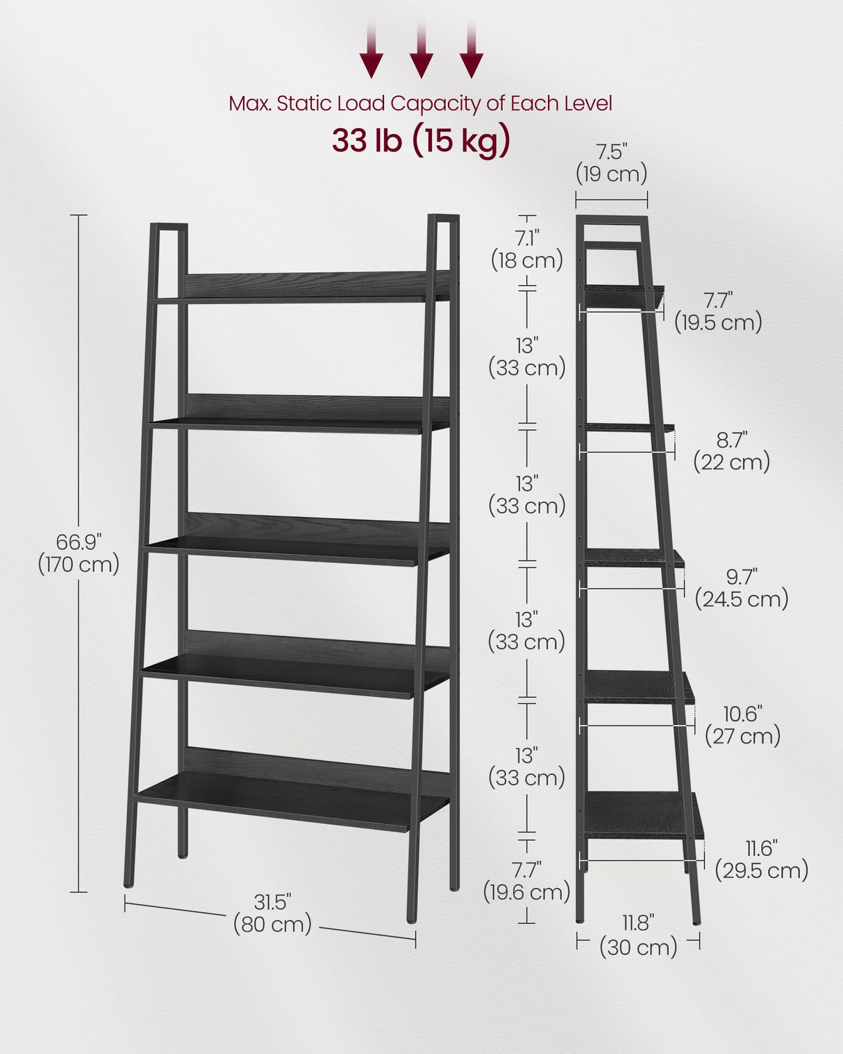 VASAGLE 5-Tier Ladder Shelf - Stylish Multi-Use Bookshelf in Ebony Black and Ink Black VASAGLE