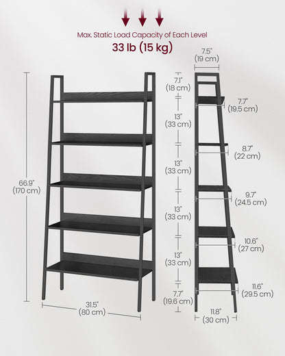 VASAGLE 5-Tier Ladder Shelf - Stylish Multi-Use Bookshelf in Ebony Black and Ink Black - WoodArtSupply