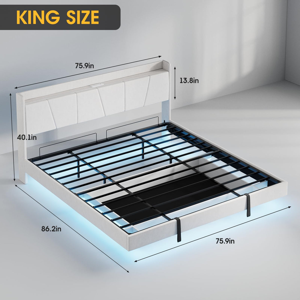 Halitaa King Size Floating Bed Frame with LED Lights, Lift-Up Storage, and Charging Station in White PU Leather Halitaa