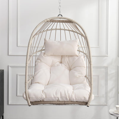 Hanging Egg Chair, Patio Wicker Hammock Egg Basket Chair with Cushion, Outdoor Rattan Swing Hammock for Balcony Garden Bedroom, White (Stand not Included)
