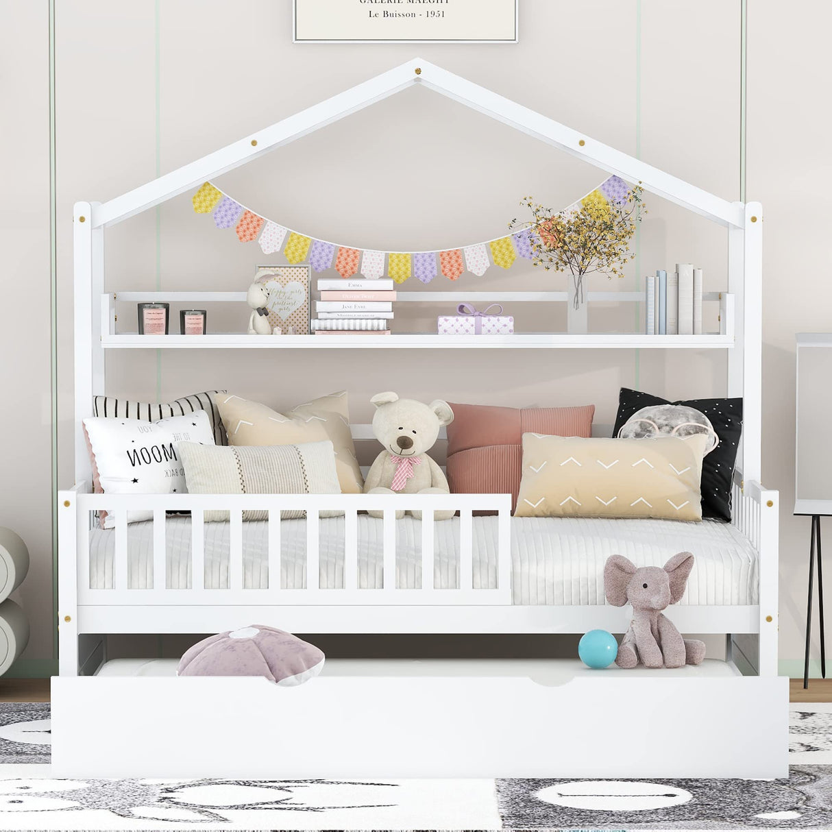 Bellemave Twin Size House Bed with Trundle and Storage Shelves for Kids - White Montessori Playhouse Frame Bellemave