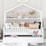 Bellemave Twin Size House Bed with Trundle and Storage Shelves for Kids - White Montessori Playhouse Frame Bellemave