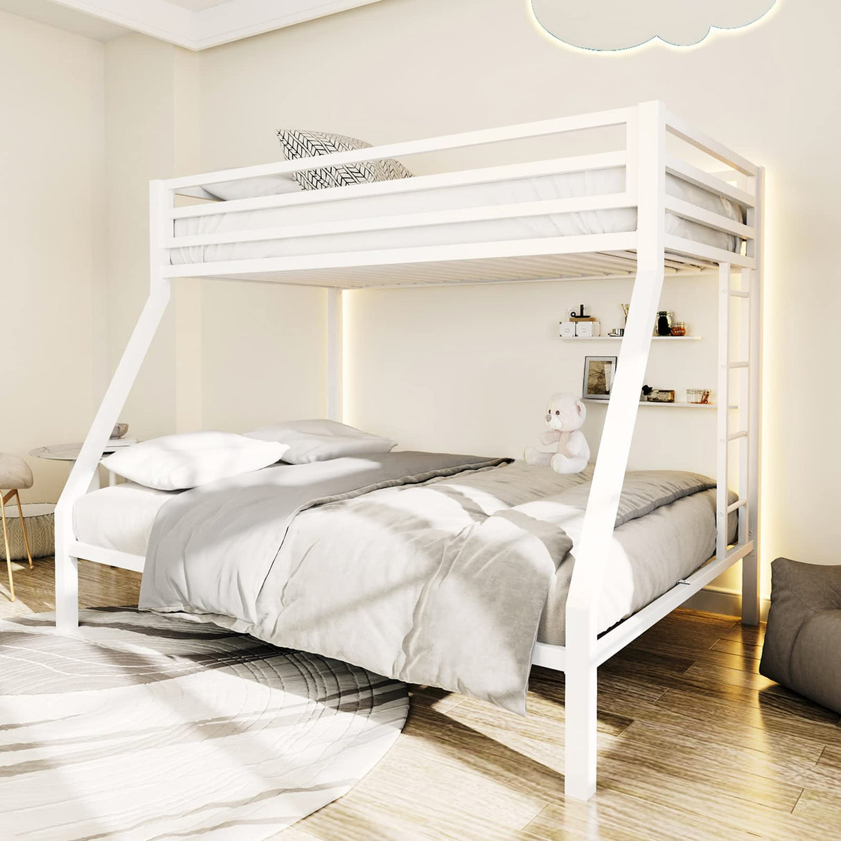 ikalido Metal Loft Bunk Bed Twin Over Full Size with Safety Guardrail and Ladder, No Box Spring Needed Space Saving Bedroom Furniture, Cream White ikalido