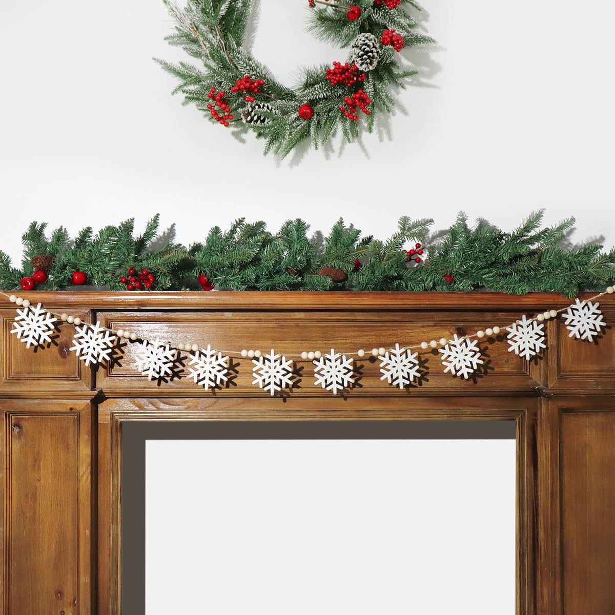 Garland Christmas Decorations Indoor Outdoor: 6.5ft Farmhouse Winter Snowflake Wood Beads Christmas Decor, Elegant Rustic Snowflake Xmas Ornaments Banner for Home Wall Mantel Fireplace Window Patio