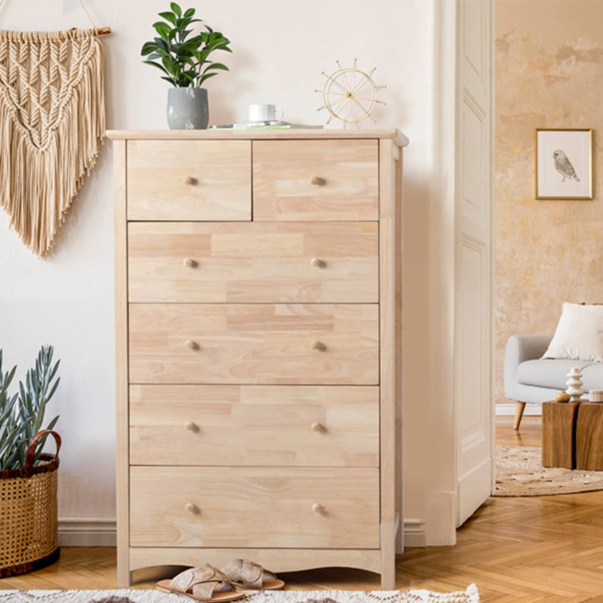 VINGLI Upgraged Unfinished 6 Drawer Dresser for Bedroom Natural Solid Wood Dresser Color DIY, Rustic Farmhouse Tall Dresser with Spacious Storage Chests of Drawers with Full Extension Drawer Slides VINGLI