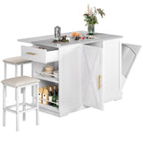 YITAHOME Kitchen Islands with Seating, 47" Mobile Storage Island with Drop Leaf, Rolling Island Table with Tilt Out Trash Can Cabinet, Home Bar Table Include 2 Chairs, Side Spice Rack & Drawer, White YITAHOME