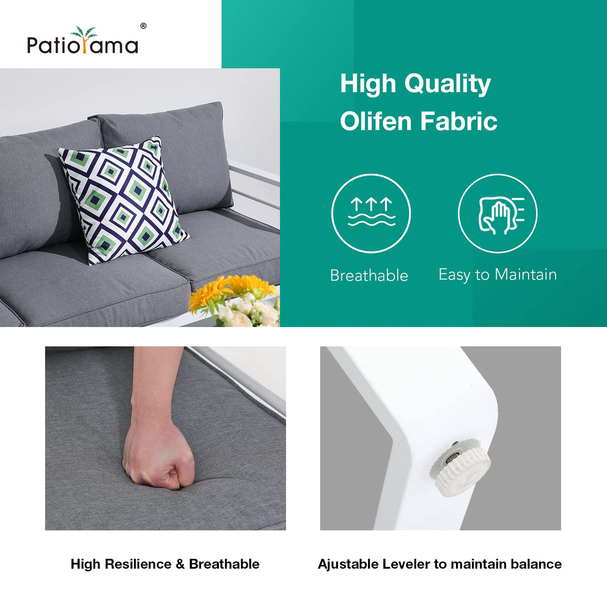 Patiorama Aluminum Patio Furniture Set, 4 PCS Modern Patio Conversation Set, All Weather White Outdoor Sectional Sofa Set w/Coffee Table, 3-Seater Sofa, Superior Olefin Cushion, Garden-Grey Cushion Patiorama