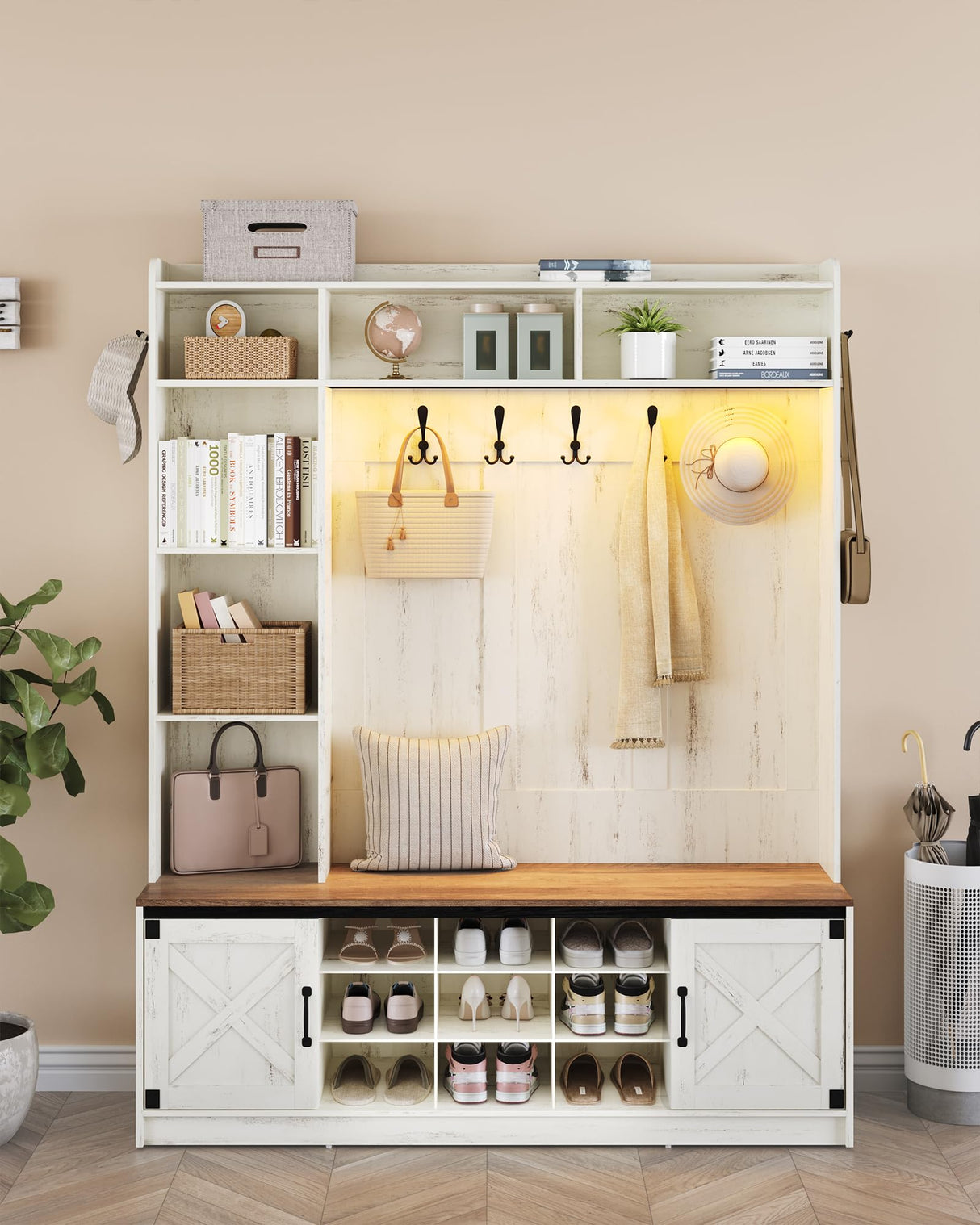 Hzuaneri 59.8" Hall Tree, LED Farmhouse Entryway Storage and Coat Rack Wood, Entryway Furniture with 7 Hooks, Hall Tree with Bench and Storage, 6 Storages Partitions Shoe Bench, Rustic White HT24814B Hzuaneri