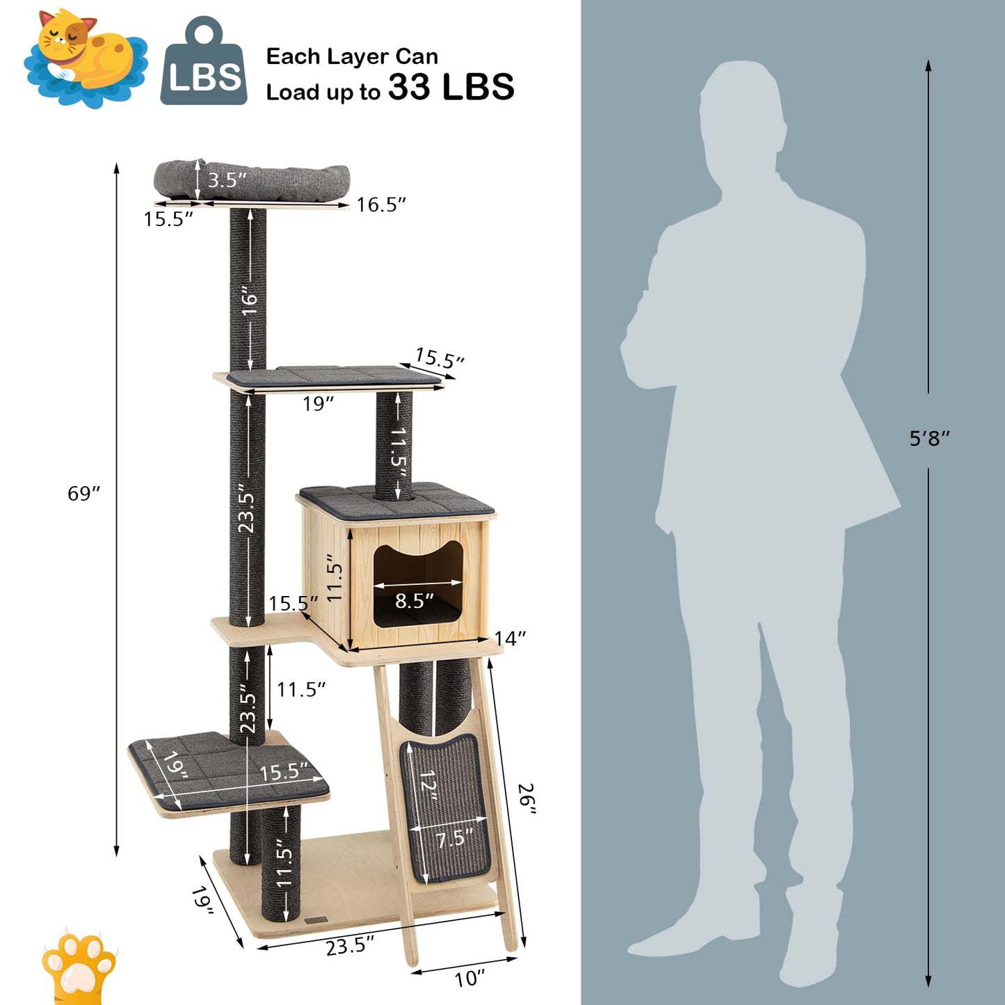 PETSITE 69" Tall Wooden Cat Tree Tower, Modern Cat Activity Center Tree with Sisal Posts & Scratch Board, Condo & Top Perch for Kitchen & Large Cat, Grey - WoodArtSupply