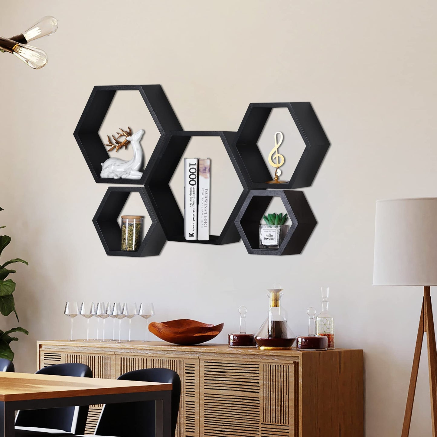 PHOENANCEE Hexagon Floating Shelves,Wall Mounted Wood Farmhouse Storage Honeycomb Wall Shelf Set of 5,for Bathroom, Kitchen, Bedroom, Living Room,Office,Home Room Wall Decor Driftwood Finish - WoodArtSupply