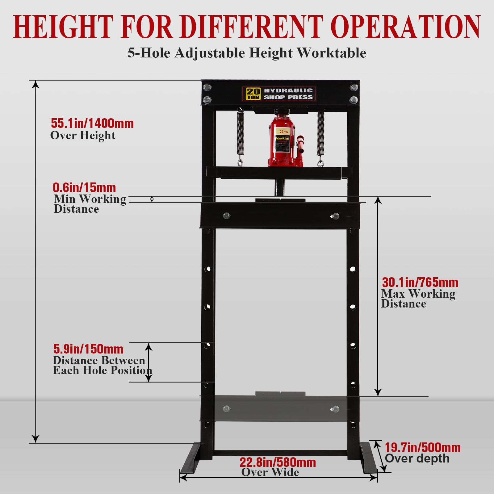 Hydraulic Press 20 Ton Hydraulic Shop Press H-Frame Garage Floor Adjustable Shop Press with Plates Adjustable Working Table Height (20-T) - WoodArtSupply