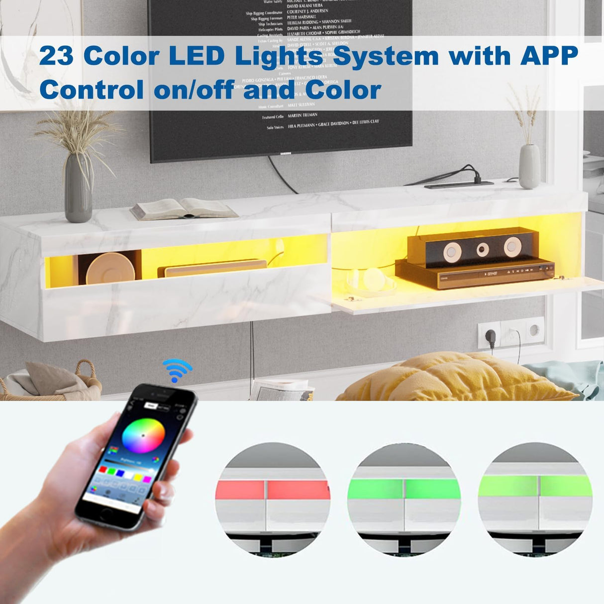 Floating TV Stand Wall Mounted with Power Outlet, Modern Floating Entertainment Center for 80 Inch TV, High Gloss Floating TV Shelf with LED Lights for Living Room, Bedroom, Marble White Doredo