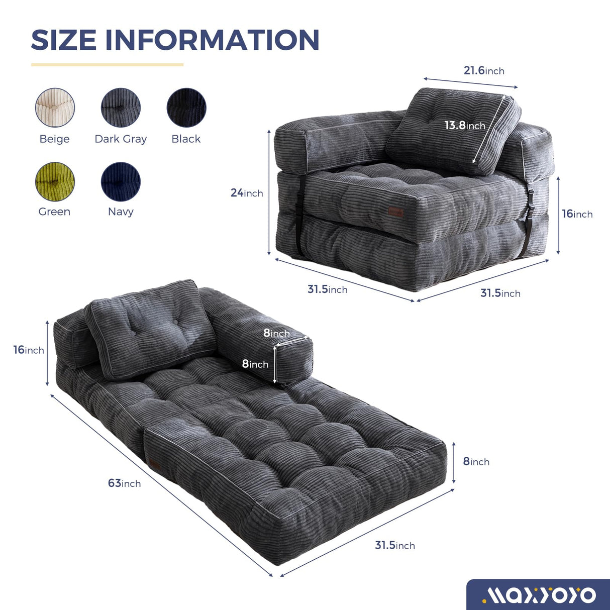 MAXYOYO Folding Sofa Bed, L-Shaped Convertible Sofa Bed with Armrest Foldable Sleeper Sofa with Pillow, Portable Fold Out Chair Bed Comfy Floor Sofa Lounge for Living Room Bedroom, Dark Grey MAXYOYO
