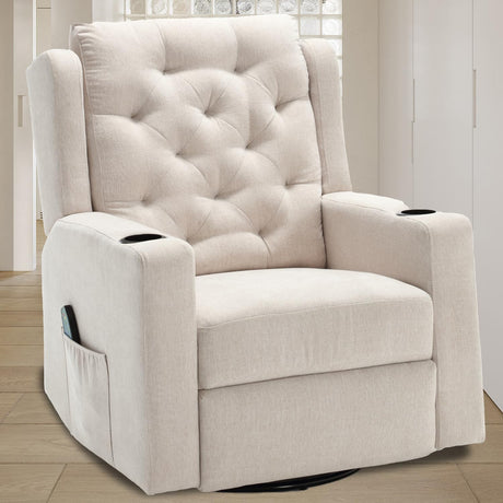 Comermax Oversized Massage Recliner Chair Swivel Rocker Recliner for Adult, Wide Seat Fabric Reclining Chair, Manual Recliner Chair with Cup Holder, Glider Rocking Chair for Nursery, Beige Comermax
