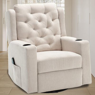 Comermax Oversized Massage Recliner Chair Swivel Rocker Recliner for Adult, Wide Seat Fabric Reclining Chair, Manual Recliner Chair with Cup Holder, Glider Rocking Chair for Nursery, Beige