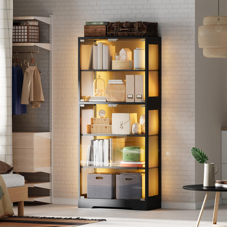 Glass Display Cabinet with Doors, 5 Tier Modern Curio Cabinet with RGB LED Lights, Tall Glass Showcase Storage Cabinet for Collectibles and Decor HarmoHaby
