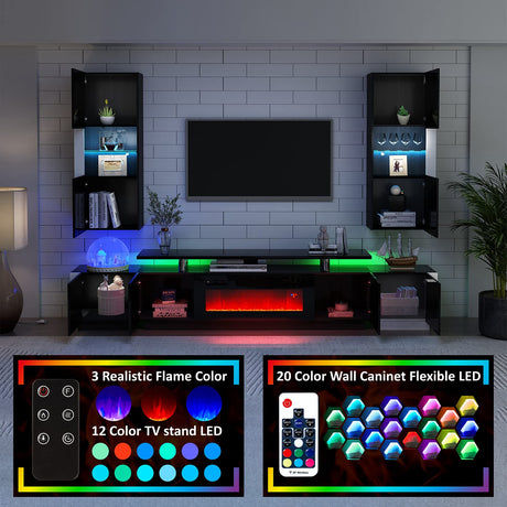 AMERLIFE Wall Unit Entertainment Center with Fireplace and Bookshelves, Includes 70" 2-Tier Fireplace TV Stand, 2 x Wall Cabinets & 2 x End Tables, Modern LED Lights TV Console for Living Room, Black AMERLIFE