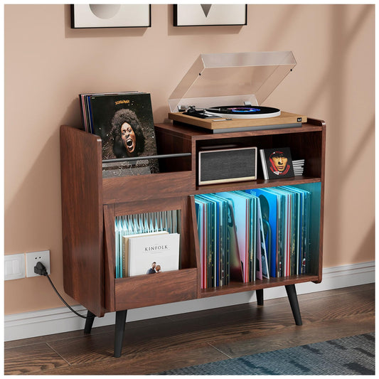 Bonvork Large Record Player Stand with Sliding Door,350 Vinyl Record Storage Cabinet, Record Player Table with Power Outlet and LED Light,Turntable Stand with Wood Legs for Living Room,Bedroom,Office