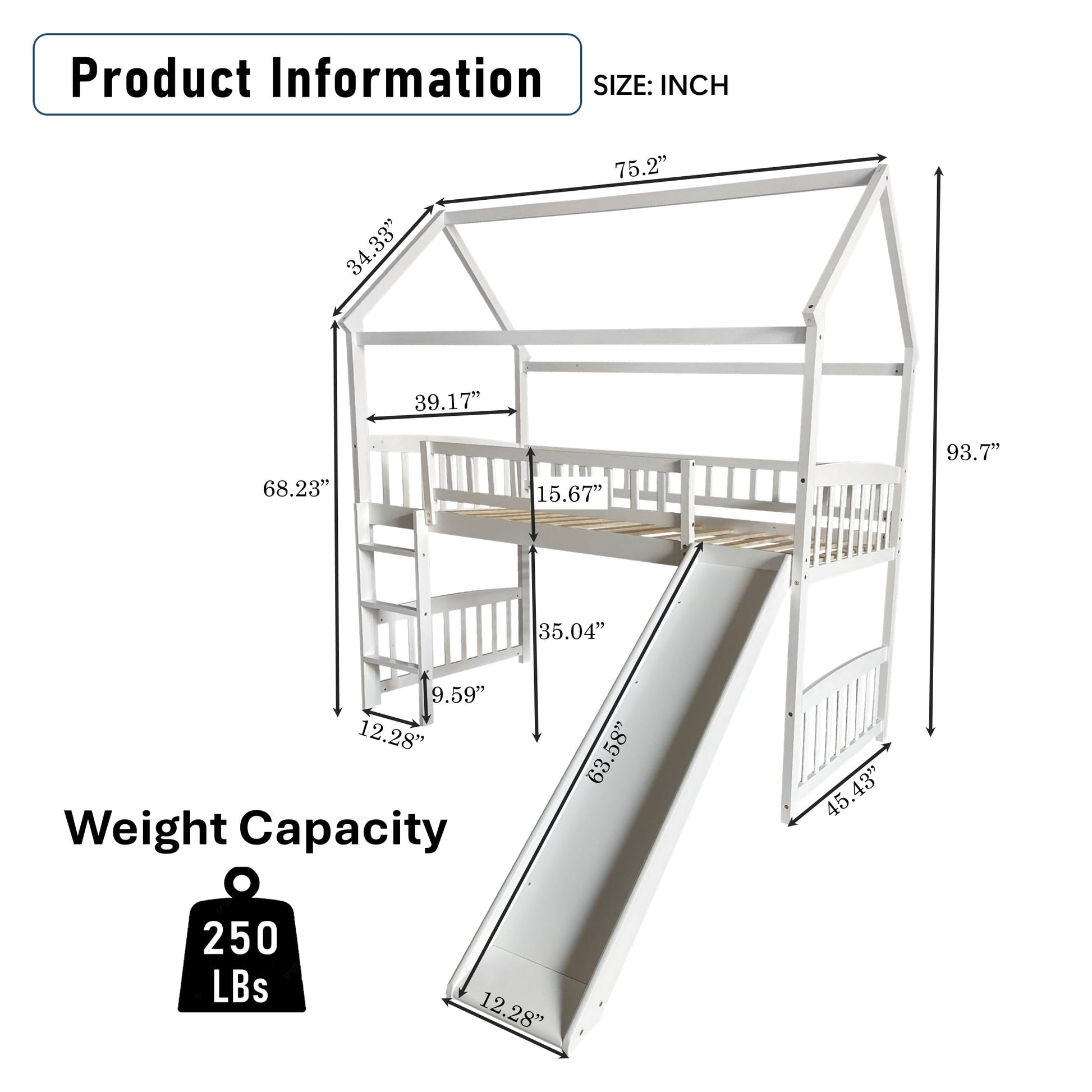 DNYN Twin Size Loft Bed with Slide and Guardrail - Elegant House-Shaped Solid Wood Frame in White - WoodArtSupply