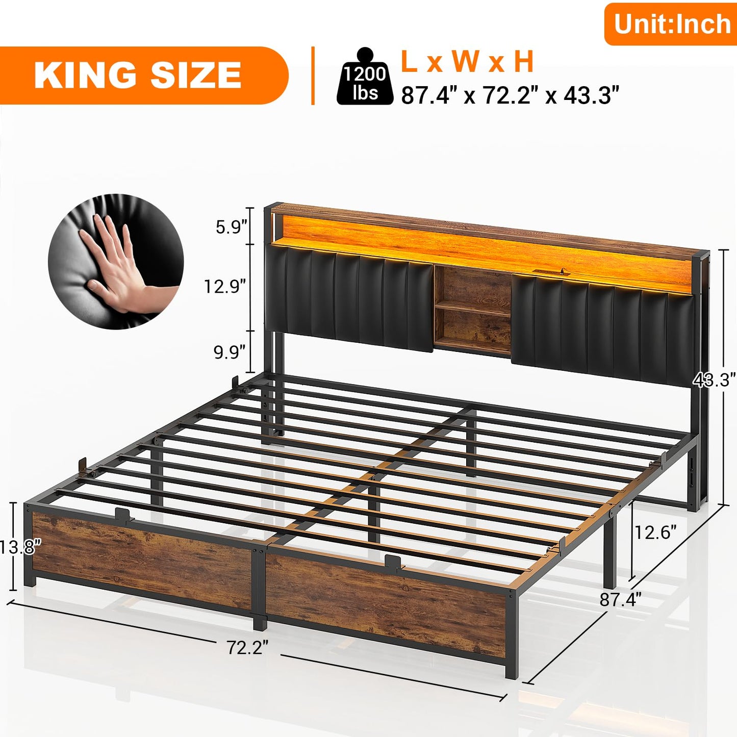 Aheaplus King Size Bed Frame with Charging Station, LED Lights & Leather Headboard in Rustic Brown - WoodArtSupply