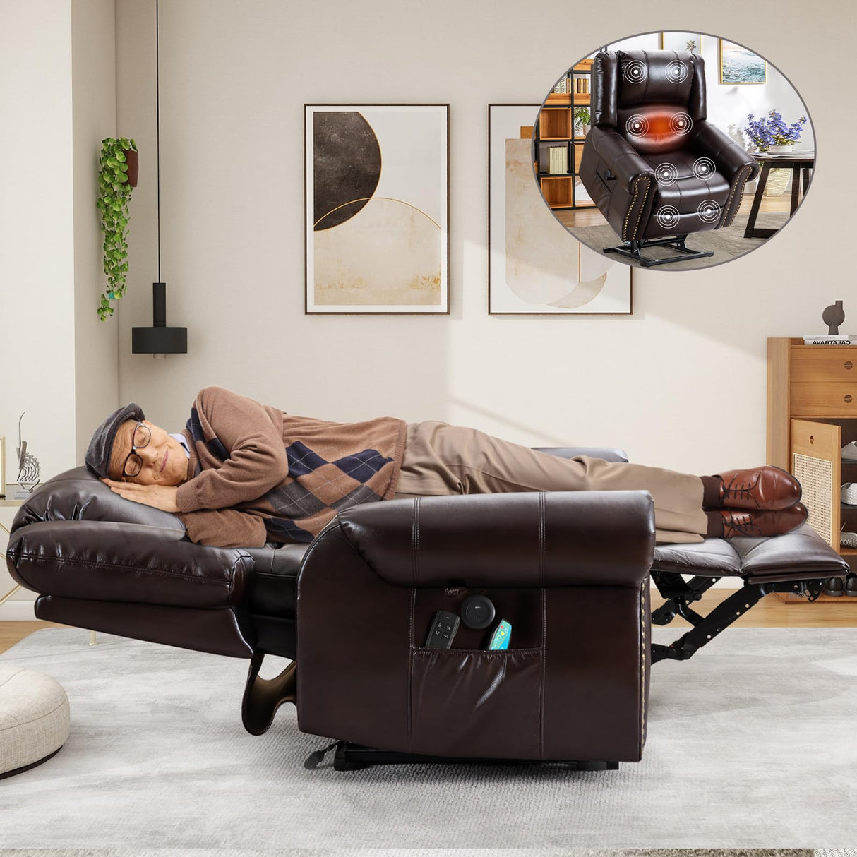 CDCASA Dual Motor Lay Flat Lift Chairs Recliners for Elderly with Massage and Heat, Breathable Leather Infinite Position Large Sleeping Electric Power Lift Chair Recliner for Seniors, Brown CDCASA